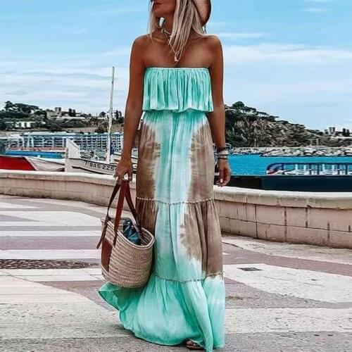 Fashion Lady Sexy Strapless Dress Vestidos Women Elegant Off Shoulder Ruffle Party Dress Casual Vintage Tie-Dye Beach Long Dress
