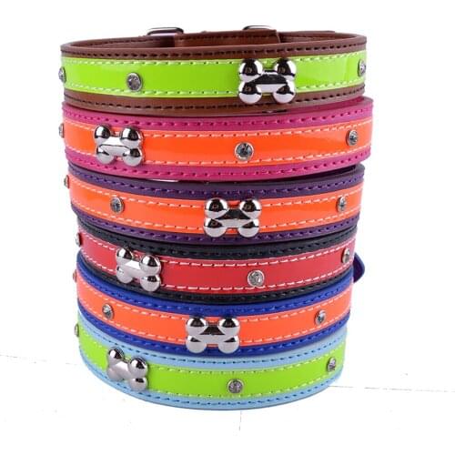 Fashion Bone Shaped Dog Collar PU Leather Rhinestones Studded Puppy Collars For Small Dogs Pet Dog Supplies