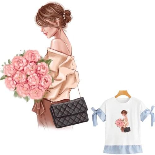 Girl With Flowers Parches Transfers For T-Shirt Dresses Stickers Diy Accessory Heat Transfer Fashion Clothes Iron On Patch