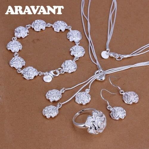 New Arrival 925 Silver Jewelry Romantic Rose Flower Necklace Earring Ring Bracelet Set For Women Wedding Jewelry