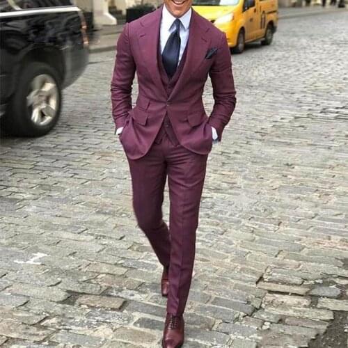 New Arrival One Button Burgundy Groom Tuxedos Groomsmen Notch Lapel Mens Suits Blazers (Jacket+Pants+Vest+Tie) W:1082
