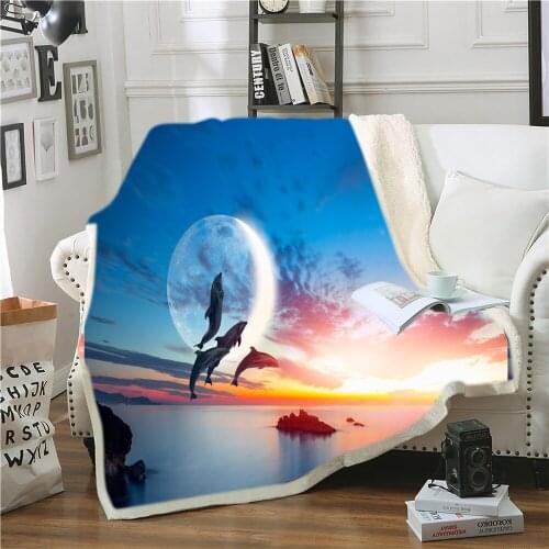Marine Life Dolphin Throw Blanket Print on Sherpa Blankets for Sofa Bed Plush Microfiber Blanket Machine Washable 3D Print