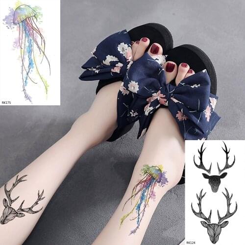 OMMGO Watercolor Jellyfish Temporary Tattoos Stickers Women Men Black Fake Tatoos Body Art Elk Deer Arm Leg Tattoos Paper Paste