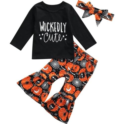 Autumn Halloween Infant Baby Girls T-shirt Trousers Suit Fashion Letter Long Sleeve Tops Trumpet Pants Headband Clothes