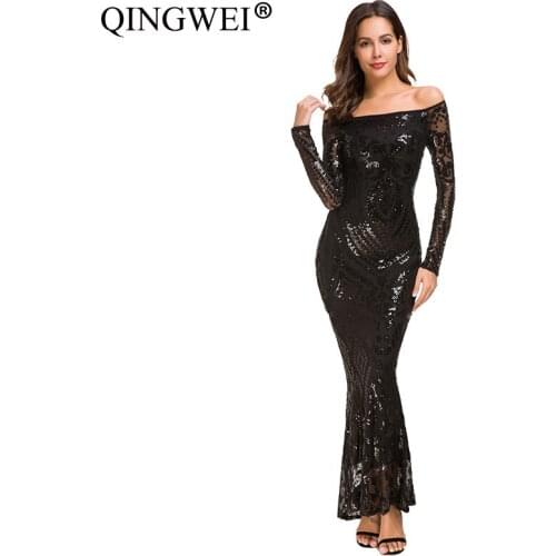 QINGWEI Elegant Off Shoulder Evening Party Mermaid Dress Women Long Sleeve Mesh Sequined Long Maxi Bodycon Dress Vestidos