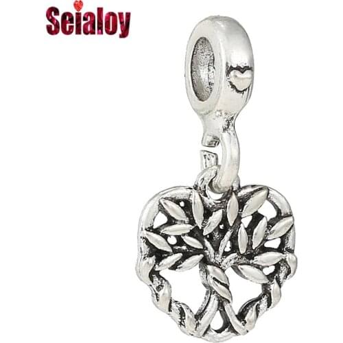 Seialoy 1pcs Silver Color Tree Of Life Heart Dangle Beads Plant Pendant Fit Charm Bracelets Diy Jewelry Making Accessory