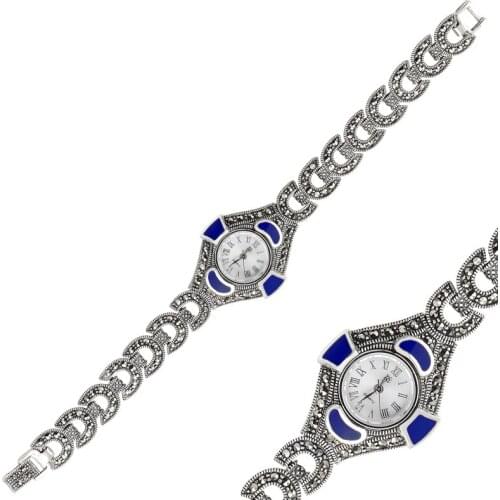 Silverlina Silver Marcasite Stone & Cabochons Wristwatch Clock