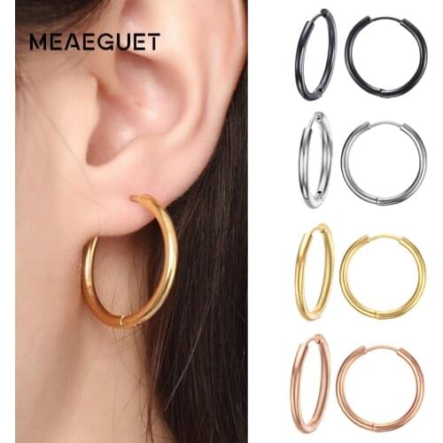 Meaeguet Trendy silver color Rose Gold Black Tone Stainless Steel Hoop Earrings Round Loop Earring For Women 25mm/20mm/11mm
