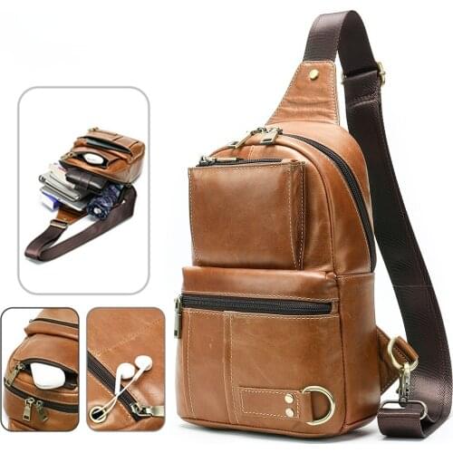 Retro outdoor crossbody chest bag large-capacity leather mens shoulder bag headphone hole mens trendy bag 8800