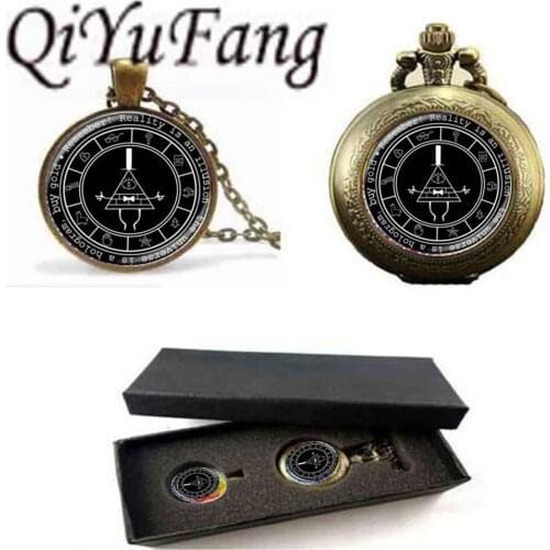 1set/lot Black Cartoon Mysteries Pendant Necklace Bill Cipher Wheel Art steel Vintage Quartz Pocket Watch With Free Box