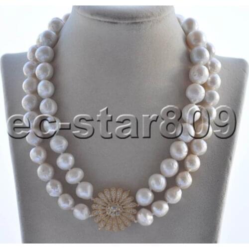 Z11154 2Strands 18" 15mm White Round Edison KESHI Pearl Necklace All CZ Flower Choker Women