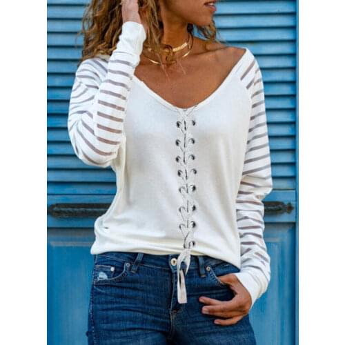 Tshirt manche longue femme Front cross lace-up stripe long sleeve v neck t shirt White women blouse