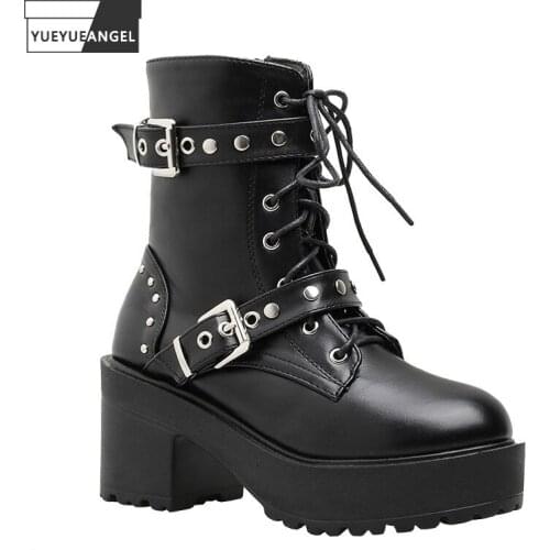 Punk High Heels Women Pu Leather Motorcycle Ankle Boots Round Toe Platform Buckle Strap Lace Up Nightclub Fashion Short Boots
