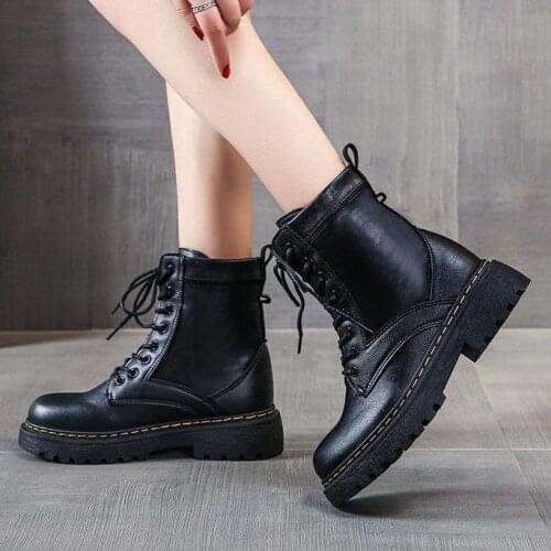 Autumn Winter Ankle Womens Boots Lace Up Calf Round Head Womens ankle Boots Black Mid Heel Square Heel Pu Women Shoes