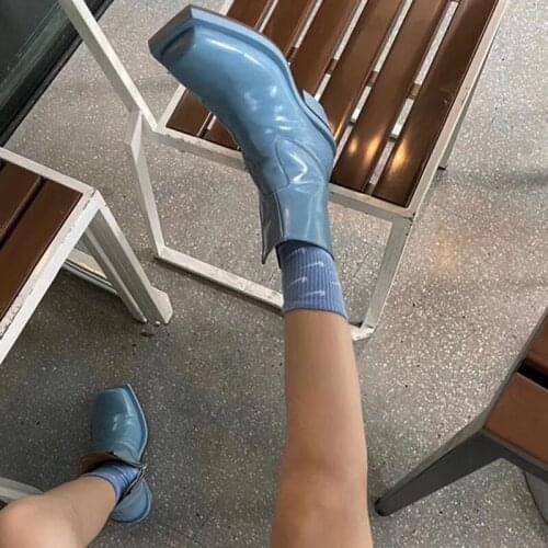 Women Martin Boots Square Toe Side Zipper 2020 New Arrivals Thick Mid Heels Ankle Boots Black/White/Blue Ladies Boots Size 41