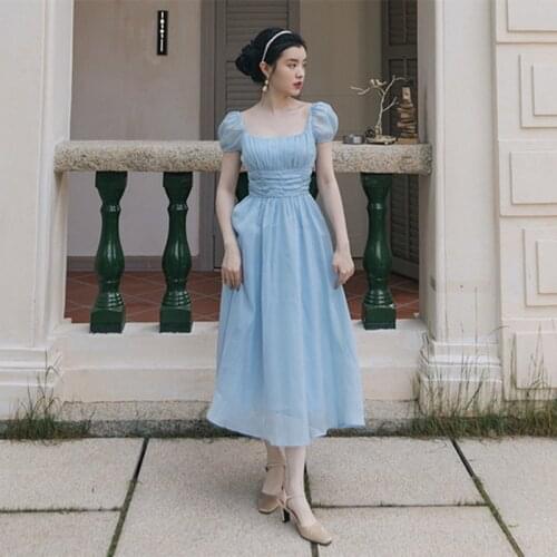 Women Blue Gentle Romantic Square Neck French Fairy Dress Summer Puff Sleeve Princess Dress Vestido de mujer