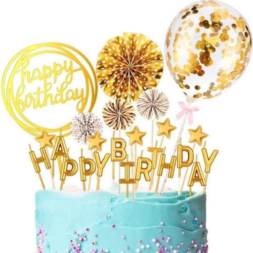 Gold Happy Birthday Cake Toppers Birthday Candle Paper Fan Cake Topper Confetti Balloon Set Cake Decoration Birthday Dessert Dec