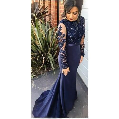 2020 Sheer High Neck Lace Mermaid Evening Dresses Navy Blue Illusion Long Sleeves Prom Dresses Appliqued Sweep Train Party Gowns