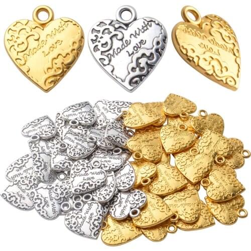 50pcs Heart Shape"Made With Love" Words Charms,Alloy Heart Beads Charm Pendant for Jewelry Making Necklace Bracelets,2 Colors