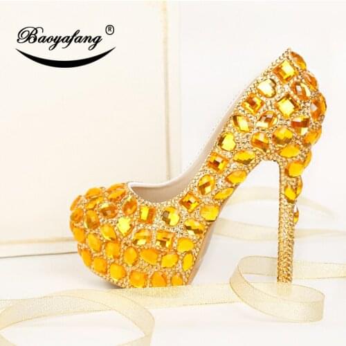 BaoYaFang Golden Women crystal Wedding shoes woman brand shoes High heel fashion ladies shoes High platform shoes woman