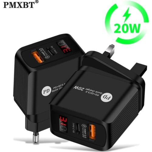 PD 20W QC3.0 Fast charger USB Type C LED Digital Display Charger For iphone Xiaomi Huawei Mobile Phone Travel EU US UK Adapter
