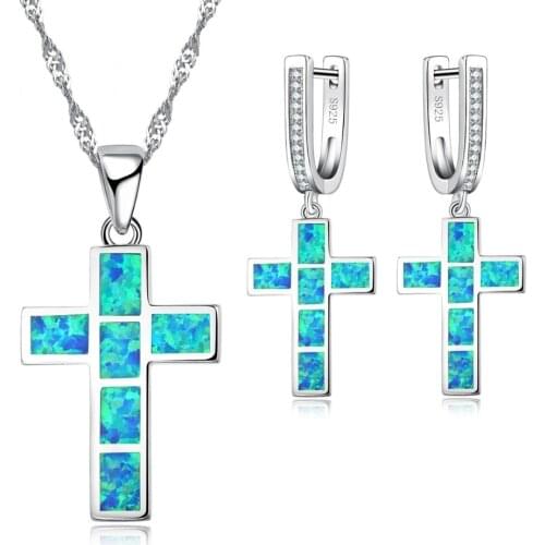 FDLK Beautiful Blue Imitation Opal Cross Jewelry Sets For Party Accessory Women Necklace And Earring Set Jewelry Gift
