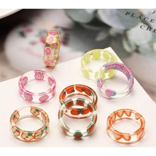 Fashion Transparent Colorful Resin Fruits Pattern Rings For Women Girls Design Strawberry Ring Party Jewelry Gifts Free Shipping