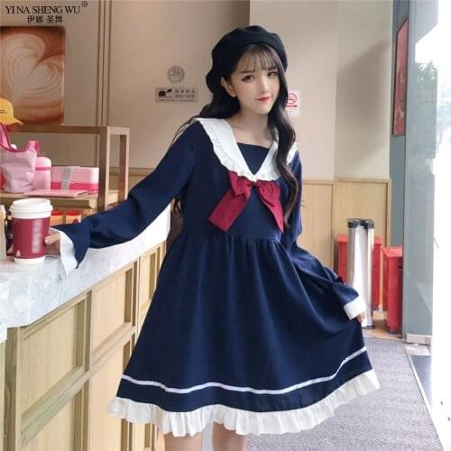 Blue White Sailor Collar Dresses Japanese School Uniform Casual Dress Girls Preppy Cute Summer Girl Cartoon Tie Long Sleeve
