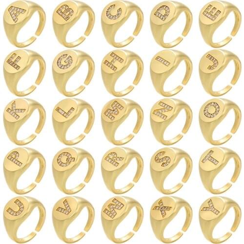 Cute Simple Gold Color Copper Adjustable Opening Ring Micro Pave CZ A-Z Letter Initial Name Alphabet Knuckle Finger Ring Jewelry