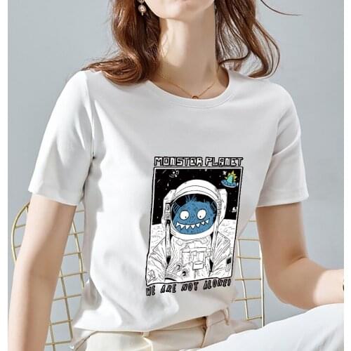 Summer Fashion Womens Youth T-shirt Casual Dream Spaceman Printed Pattern Top White T-shirt Slim Round Neck Commuter Ladies Top