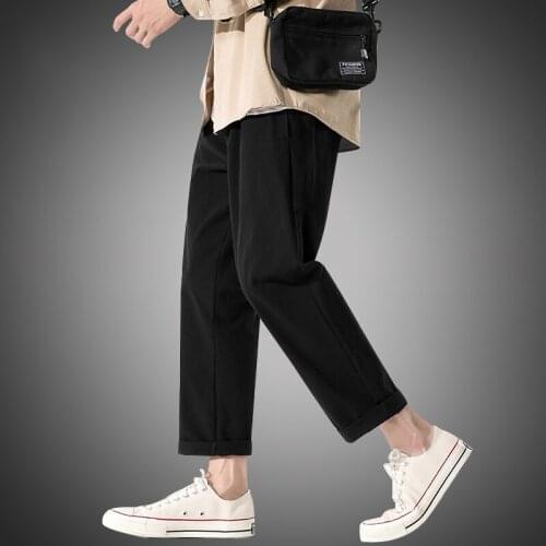 2021 Men Cotton Trousers Solid Color Elastic Waist Loose Long Trousers Mens Hip-hop Breathable Casual Pants Straight Pantalones