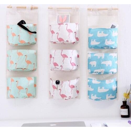 Flamingo Pattern Wall Mounted Wardrobe Hang Bag Wall Pouch Cosmetic Toys Cotton Linen Hanging Storage Bag 3 Pockets Organizer