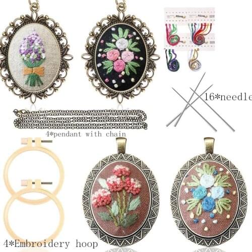 Beginners Pendant Necklace Embroidery Kit 4PCS Stitching Embroidery Necklace Starter Set Sewing Floral Plate Jewelry Necklace