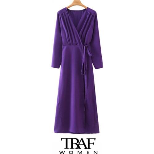 TRAF Za Women Fashion With Bow Tied Pleated Cozy Midi Dress Vintage V Neck Long Sleeve Female Dresses Vestidos Mujer