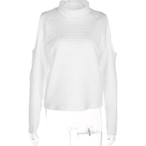 Sale Fashion Women Whihe Cold Shoulder Long Sleeves T-Shirt Cotton Cut Out Hollow Tee Tops