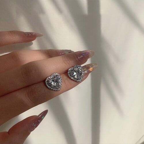 White Stone Love Heart Earrings Crystal Zircon Stud Earrings For Women Wedding Jewelry Fashion Rose Gold Silver Color Earrings