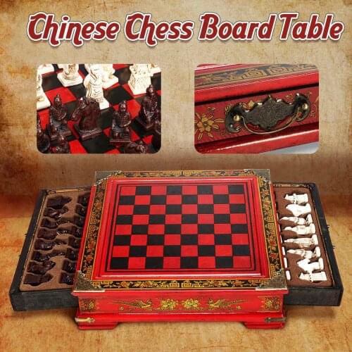 32Pcs/Set Resin Chess Chinese Terracotta Warrior With Coffee Wooden Table Vintage Collectibles Gift Entertainment Board Game