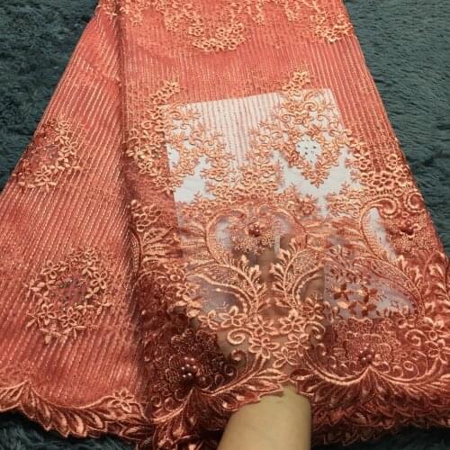 Bridal french lace fabric beaded african tulle lace fabric with stones 5 yards per lot net lace fabric for dress M2288