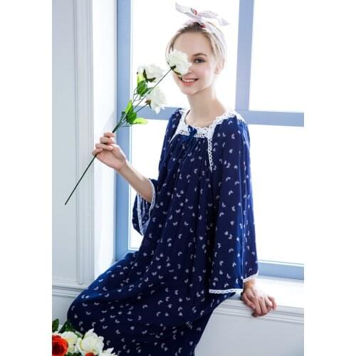 Spring Autumn Breathable Cotton Silk Long-Sleeved WomenS Korean Version Long Large Size Nightgown Sleepwear Loose Home Wear