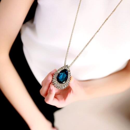 Vintage Blue Crystal Water Drop Pendant Long Necklace For Women 2019 New Sweater Necklaces Gifts
