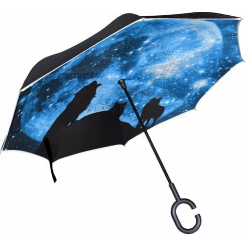 Wolf Howling Under Starry Sky Reverse Umbrella Creative Fashion Customized Double Layer Self Stand Rain Protection Umbrella