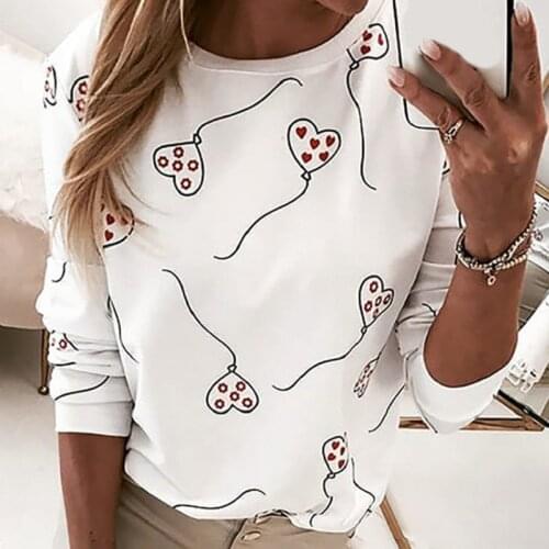 2021 Spring Heart Tee T Shirt Print Women Shirt Elegant O Neck Long Sleeve Casual Shirts Ladies Streetwear Tops Autumn Pullover