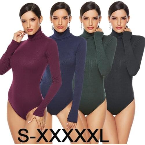 Sexy Long Sleeve Bodysuit Women Jumpsuits Bodycon Turtleneck Body Clothing Sweater Winter Warm Elastic Knited Rib Plus Size