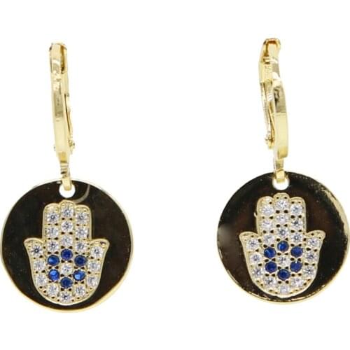 2021 Gold filled geometric circle hamsa hand shape zircon drop earrings for women Simple fashion lucky charm Gifts Party Jewelry