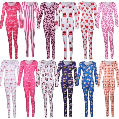 Echoine Womens Sexy Cartoon print Home Onesies Jumpsuit Sleepwear long Sleeve V Neck Bodycon Jumpsuit Bodysuit Romper trousers