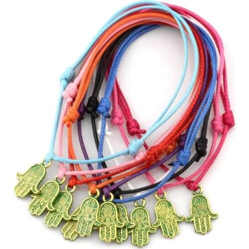 100pcs Golden green Tone Fatima hand Metal charm Beads Adjustable Cord Wrist DIY Wax rope weave Bracelet 10color C-47