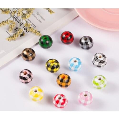 20pcs Colorful Grid Round Natural Wooden Beads 16mm Eco-Friendly Round Loose Spacer Wood Beads For Bracelets Jewelry Making DIY
