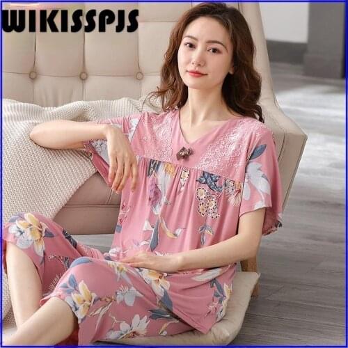 2021 Modal Pajamas Womens Summer Short Sleeve Capris Casual Home Wear Women Clothing Sets Summer Plus Size Sleep Tops