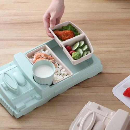 4Pcs/Set Baby Bamboo Fiber Dinnerware Set Children Kids Cartoon Train Shape Plate Cup Tray Food Fruit Feeding Dishes