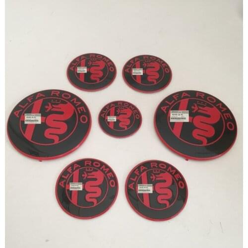 7pcs ALFA ROMEO black red Car emblem Wheel Cover caps front Hood badge rear Trunk sticker Styling 2 x 74mm , 4 x 50mm,1 x 40mm